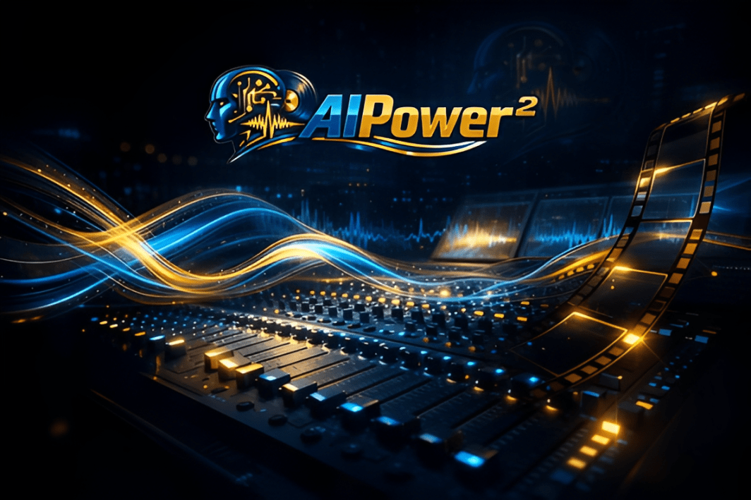 Futuristic audio mixing console with blue and orange waves symbolizing sound.