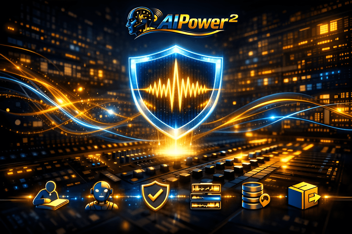 Glowing digital shield with soundwaves, surrounded by icon symbols on a futuristic tech background, conveys high-tech security and innovation.
