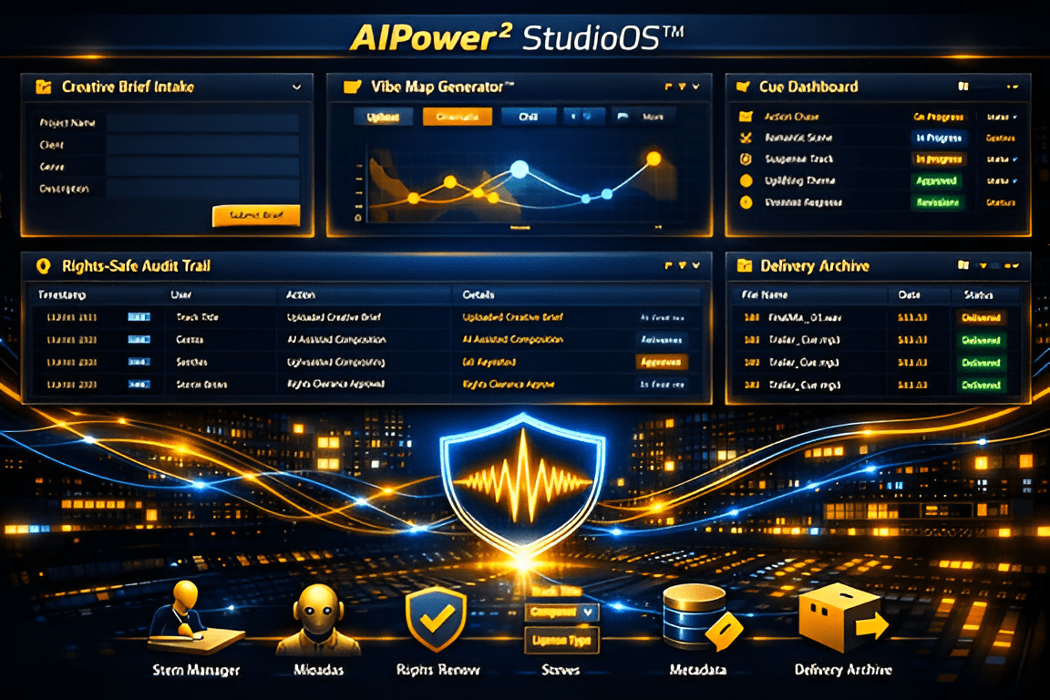 Futuristic AI software interface with graphs, tables, and icons for project management.